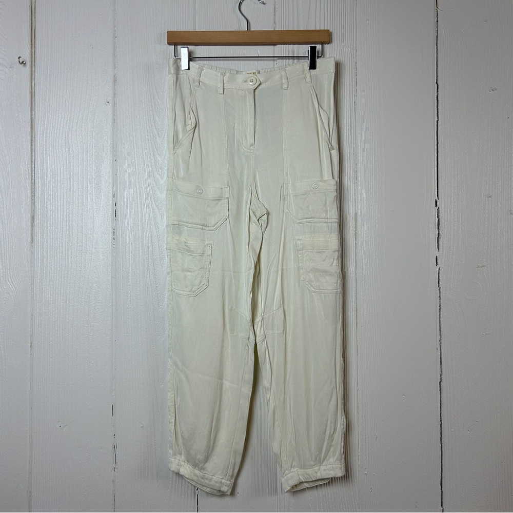 Anthropologie Maeve Port Side Satin Utility Pants Ivory Size 6 High Waist Cargo